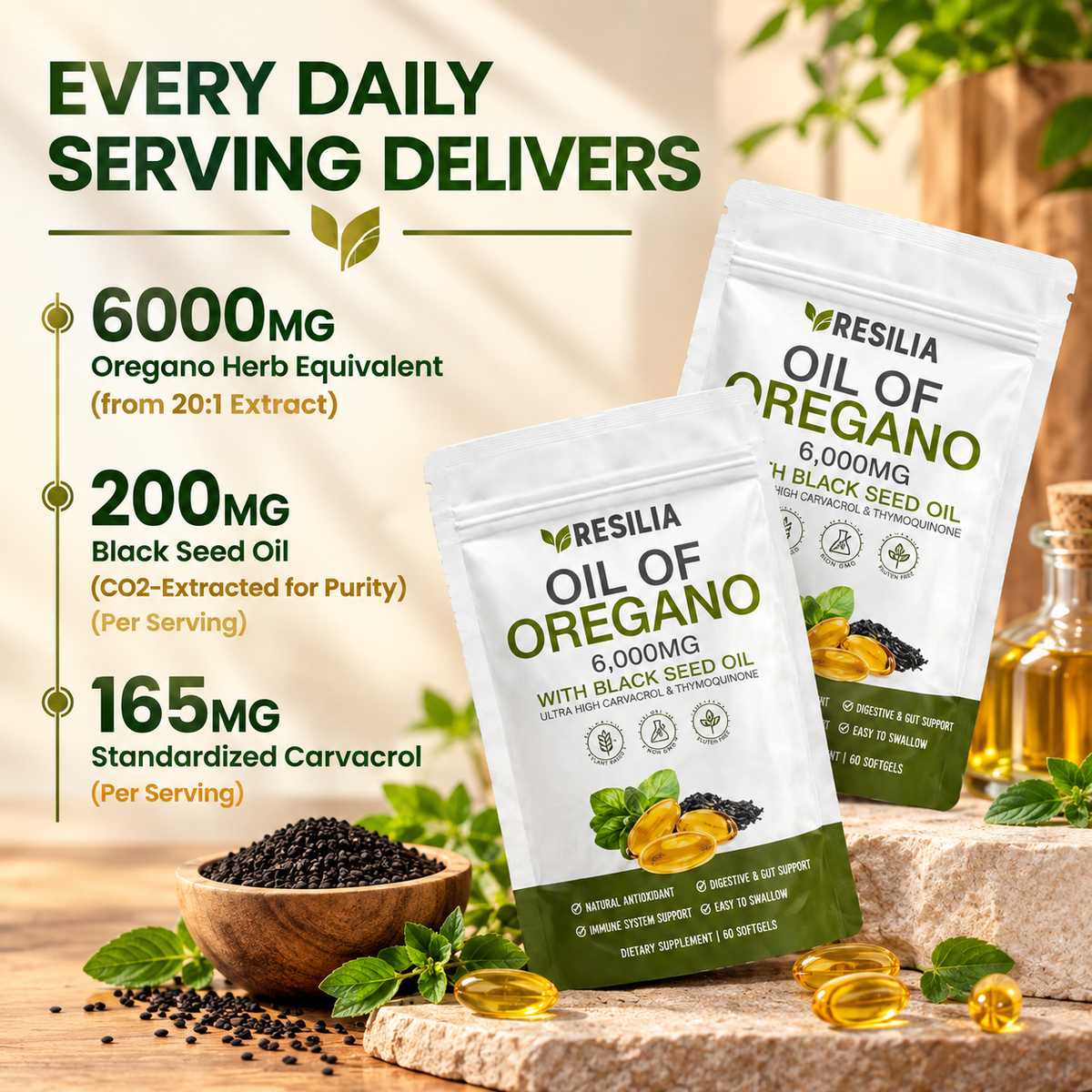 2 Pack Resilia Oil of Oregano 6000mg with Black Seed Oil – 120 Softgels | Luxeora Shop