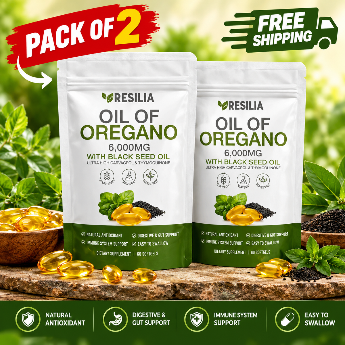 2 Pack Resilia Oil of Oregano 6000mg with Black Seed Oil – 120 Softgels | Luxeora Shop