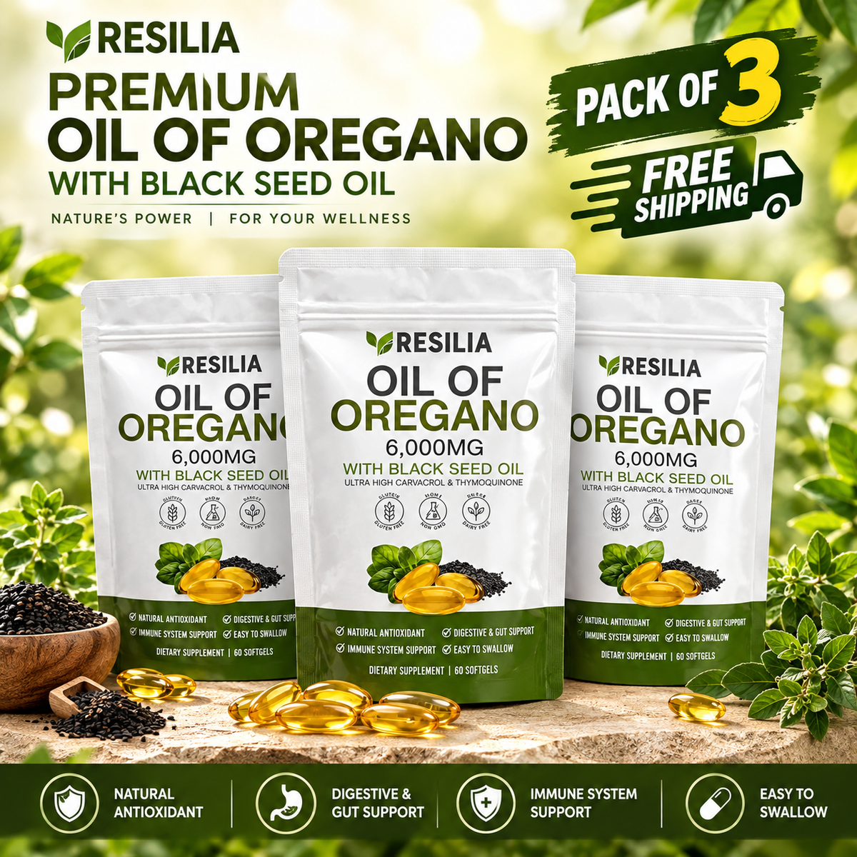 2 Pack Resilia Oil of Oregano 6000mg with Black Seed Oil – 120 Softgels | Luxeora Shop