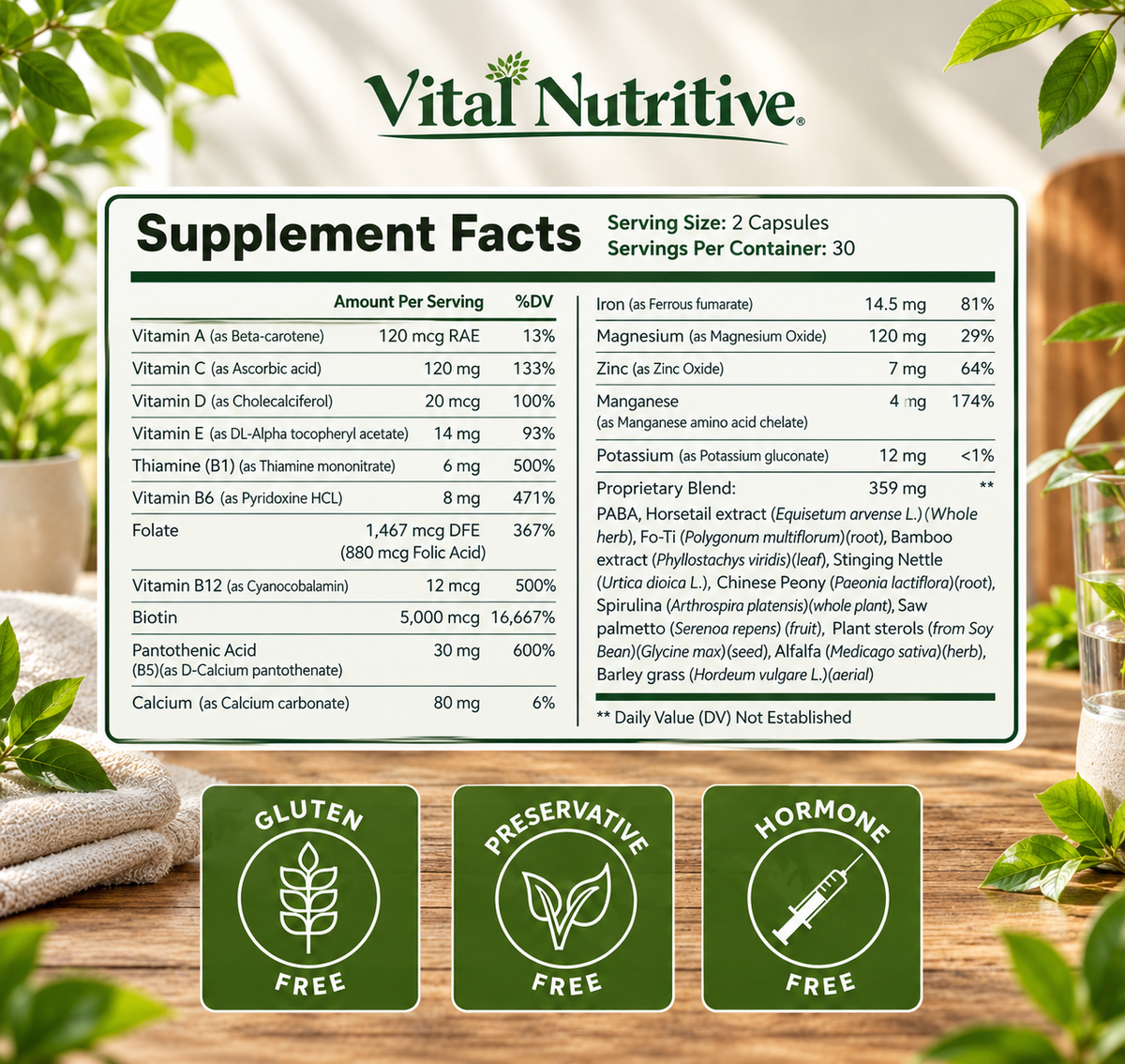 Vital Hair Complex 60 Capsules – Biotin & B Vitamin Hair, Skin & Nail Support | Luxeora Shop