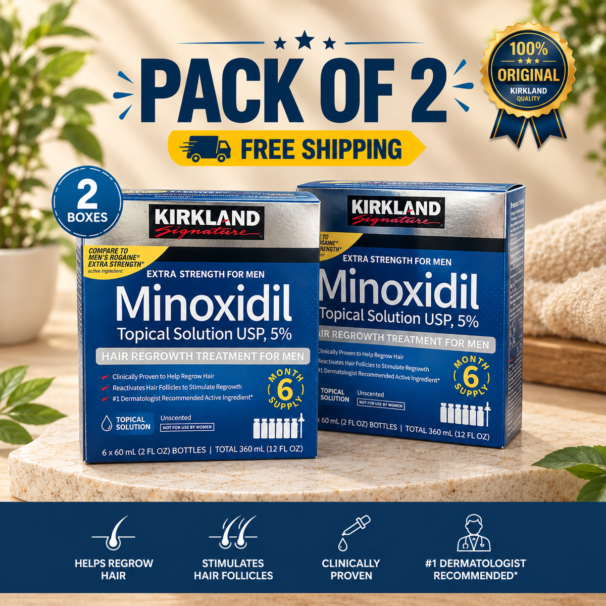 Kirkland Minoxidil 5% Extra Strength for Men – Hair Regrowth Topical Solution | Luxeora Shop