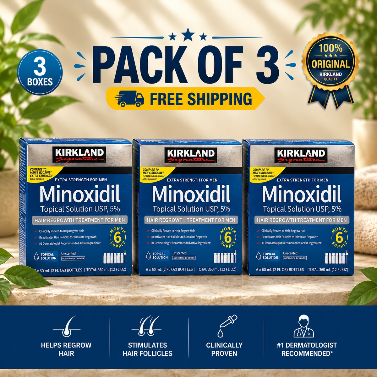 Kirkland Minoxidil 5% Extra Strength for Men – Hair Regrowth Topical Solution | Luxeora Shop