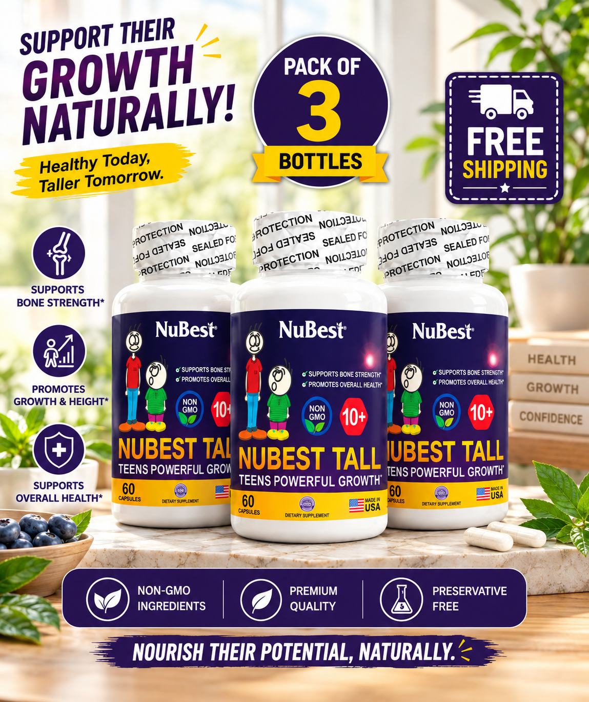 NuBest Tall 10+ Bone Health Supplement 60 Capsules – Calcium, D3, K2 & Collagen for Teens | Luxeora Shop