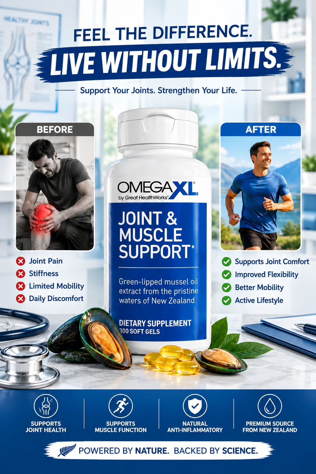 OmegaXL Joint & Muscle Support Supplement 300 Soft Gels – Omega Fatty Acid Formula | Luxeora Shop
