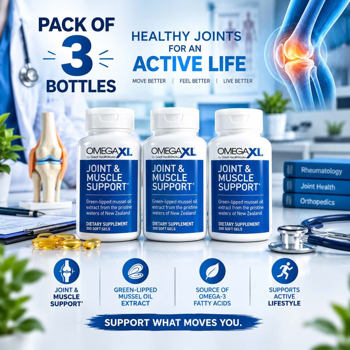 OmegaXL Joint & Muscle Support Supplement 300 Soft Gels – Omega Fatty Acid Formula | Luxeora Shop