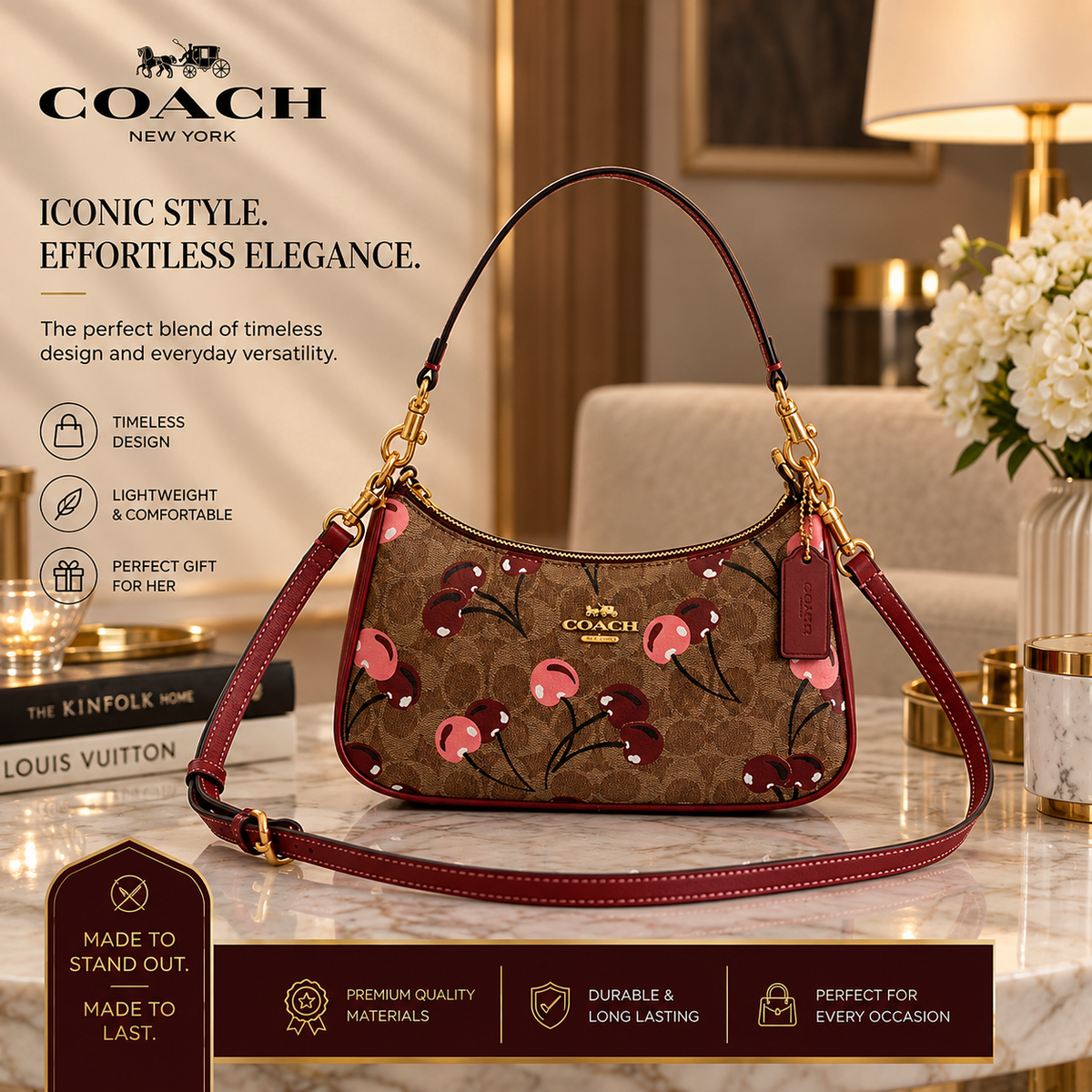 NWT Coach Teri Shoulder Bag Signature Canvas with Cherry Print – Designer Handbag | Luxeora Shop