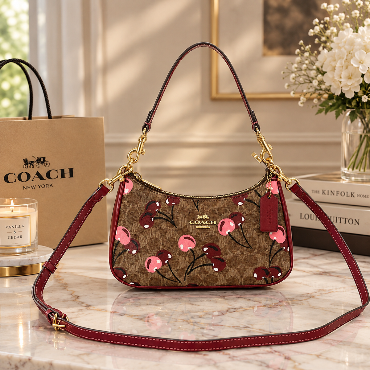 NWT Coach Teri Shoulder Bag Signature Canvas with Cherry Print – Designer Handbag | Luxeora Shop