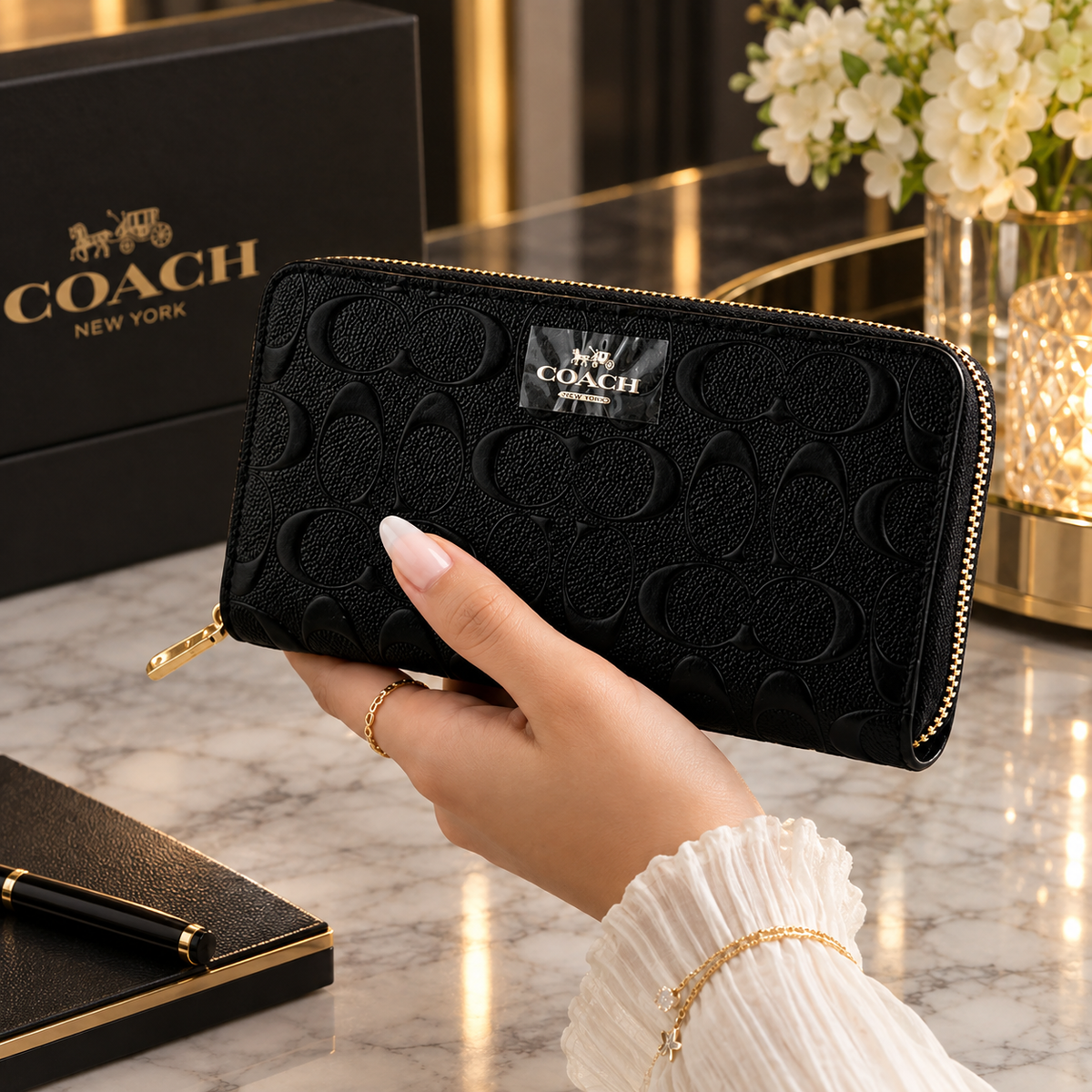 Coach Long Zip Around Wallet Signature Leather Black – Designer Wallet | Luxeora Shop