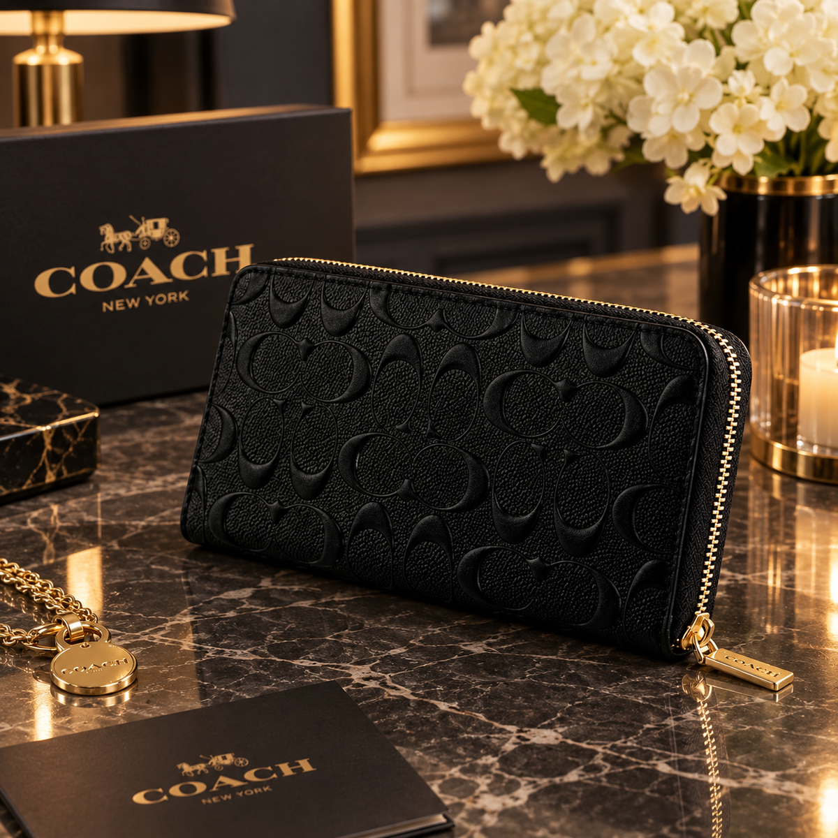 Coach Long Zip Around Wallet Signature Leather Black – Designer Wallet | Luxeora Shop