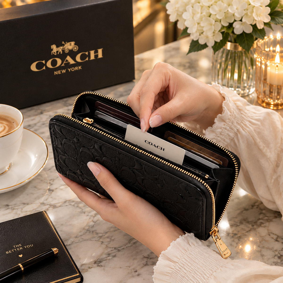 Coach Long Zip Around Wallet Signature Leather Black – Designer Wallet | Luxeora Shop