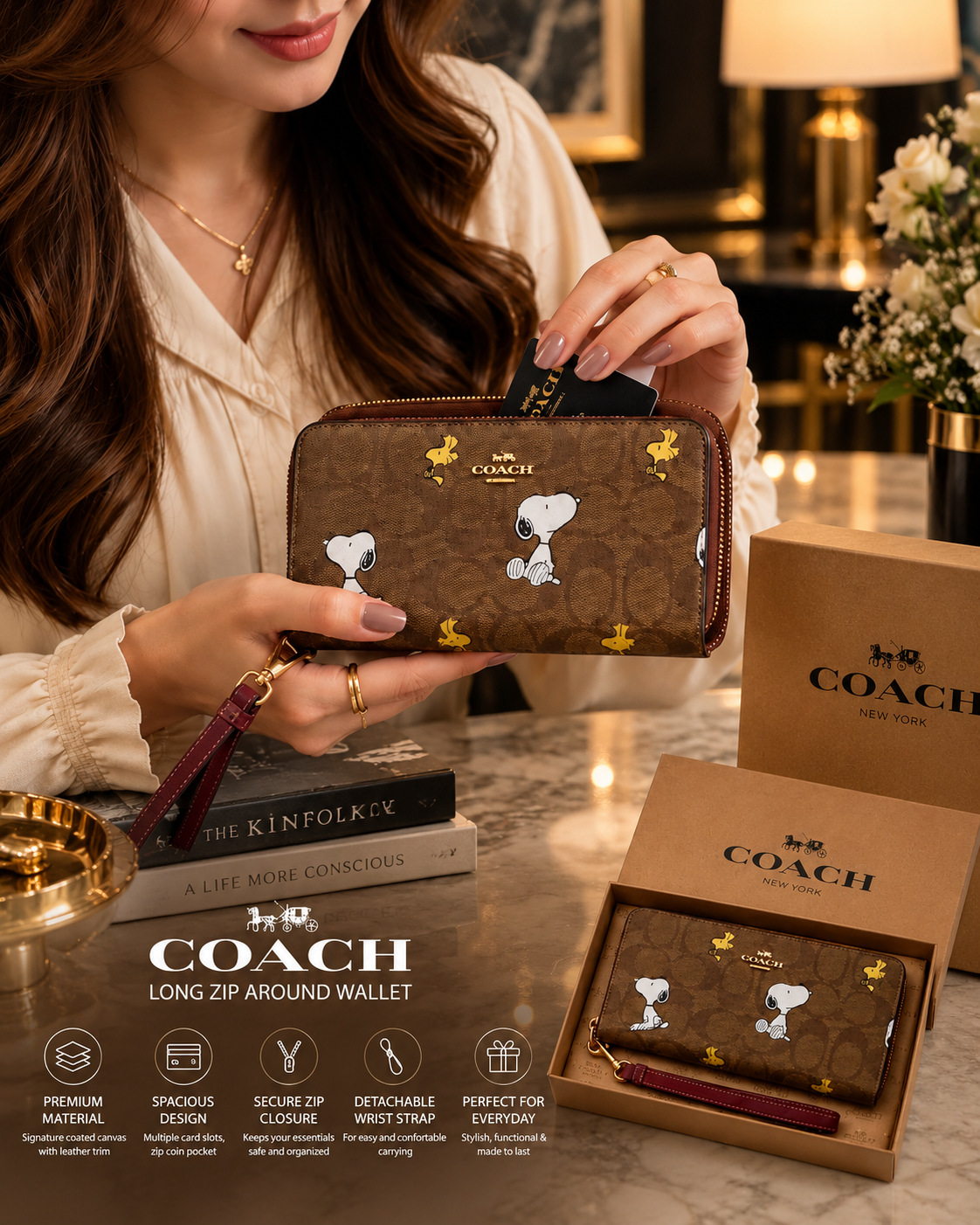Coach X Peanuts Snoopy Zip Around Wallet Signature Canvas Brown – Designer Wallet | Luxeora Shop