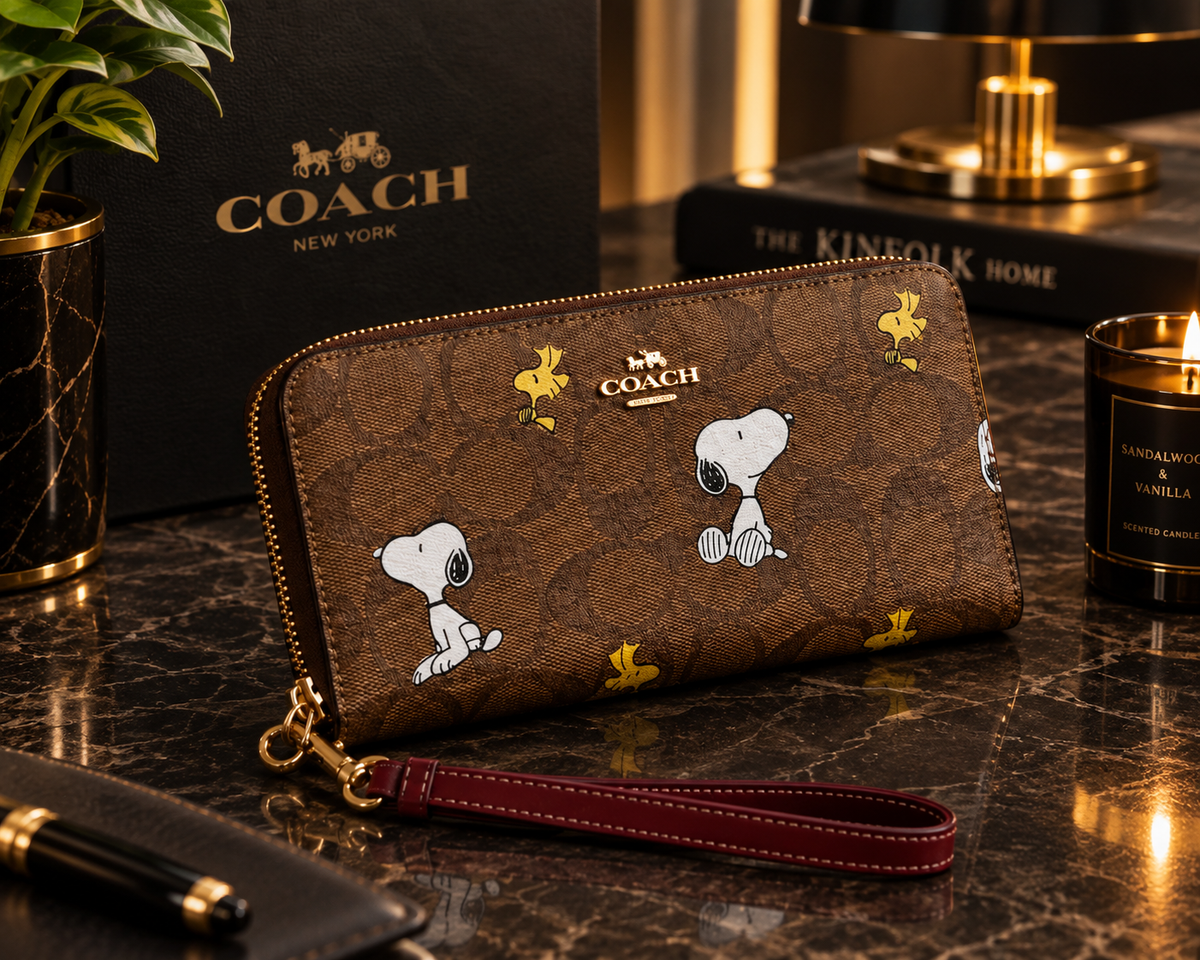 Coach X Peanuts Snoopy Zip Around Wallet Signature Canvas Brown – Designer Wallet | Luxeora Shop