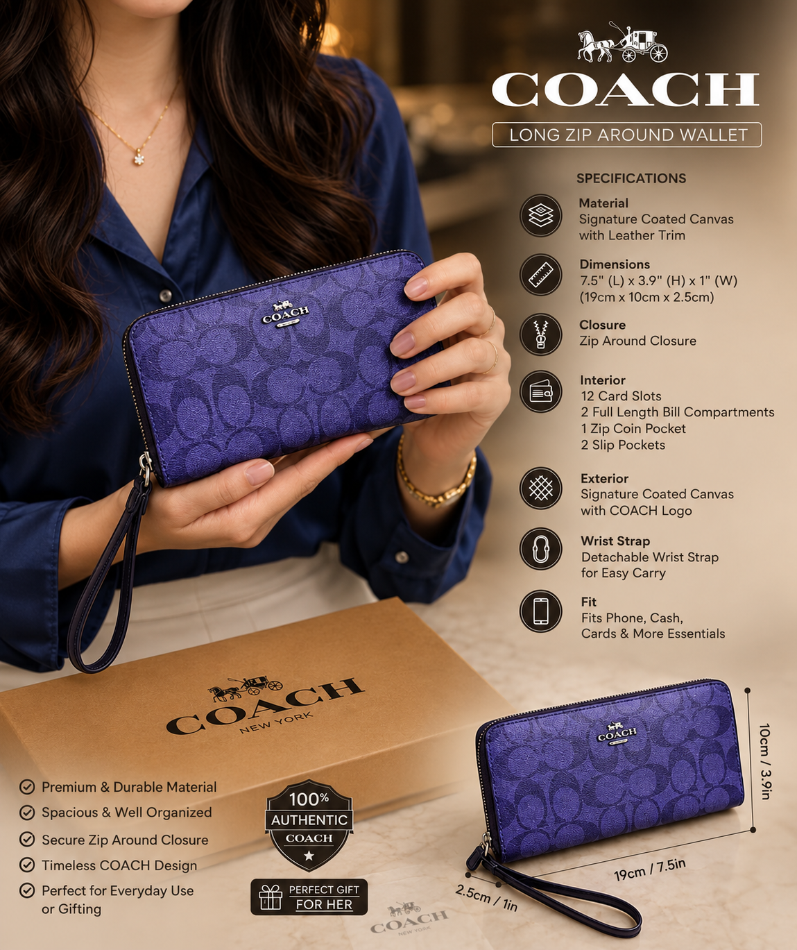 Coach Signature Zip Around Wallet Purple Wristlet Leather Women's Clutch | Luxeora Shop