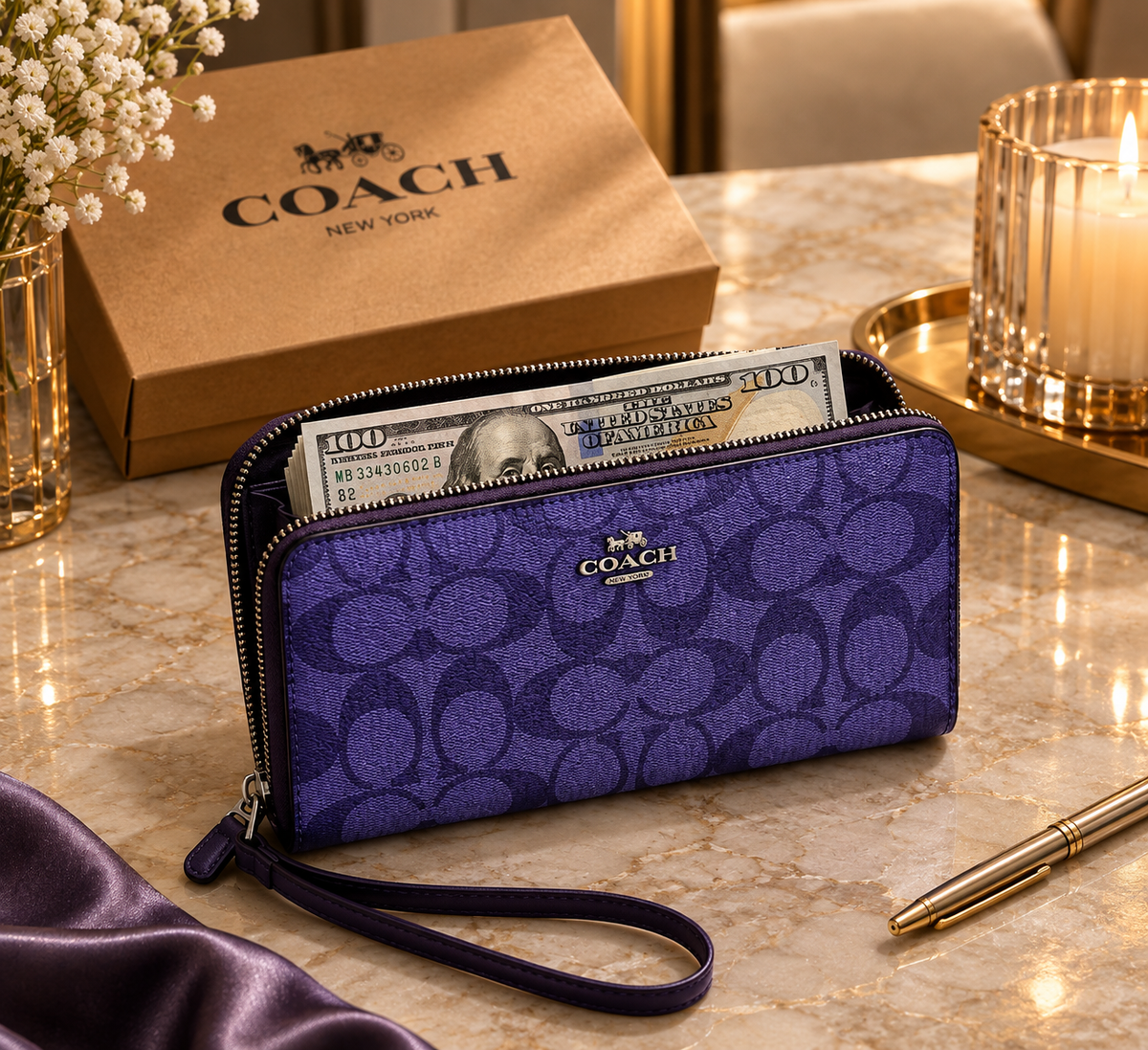 Coach Signature Zip Around Wallet Purple Wristlet Leather Women's Clutch | Luxeora Shop
