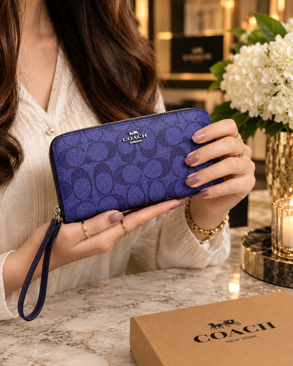Coach Signature Zip Around Wallet Purple Wristlet Leather Women's Clutch | Luxeora Shop