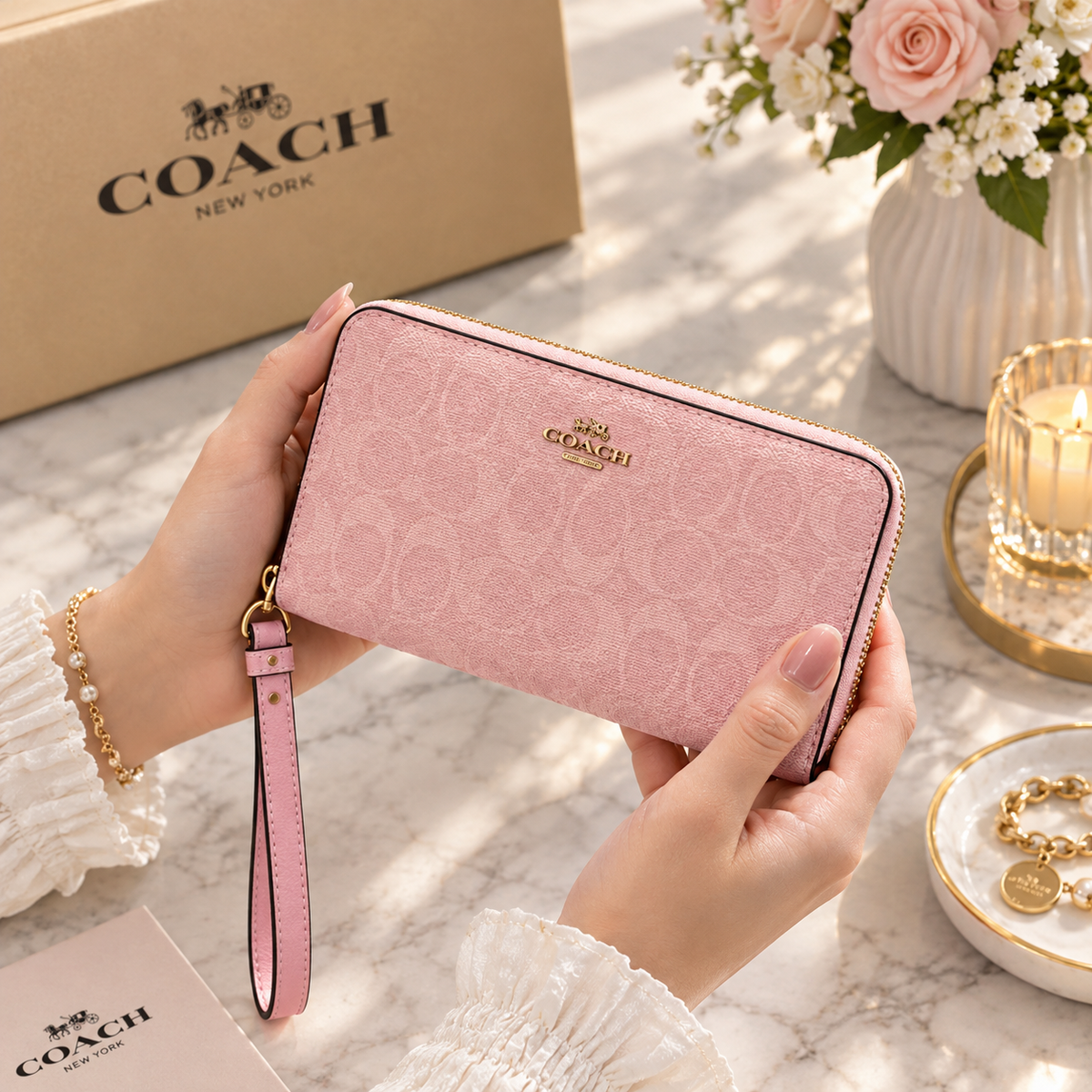 Coach Long Zip Around Wallet Signature Canvas with Box – Designer Wristlet Wallet | Luxeora Shop