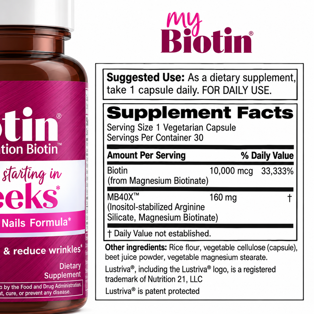 Purity Products MyBiotin Hair Skin & Nails 30 Vegetarian Capsules – Biotin Formula | Luxeora Shop