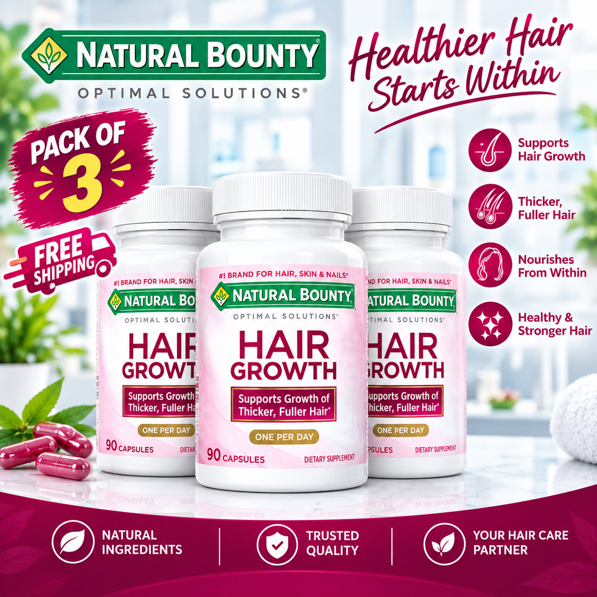Nature’s Bounty Optimal Solutions Hair Growth 90 Capsules – Biotin, Silicon & Arginine | Luxeora Shop