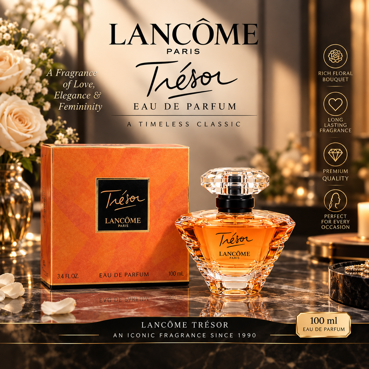 Lancôme Trésor Eau de Parfum for Women 3.4 oz 100ml – Elegant Floral Amber Fragrance | Luxeora Shop