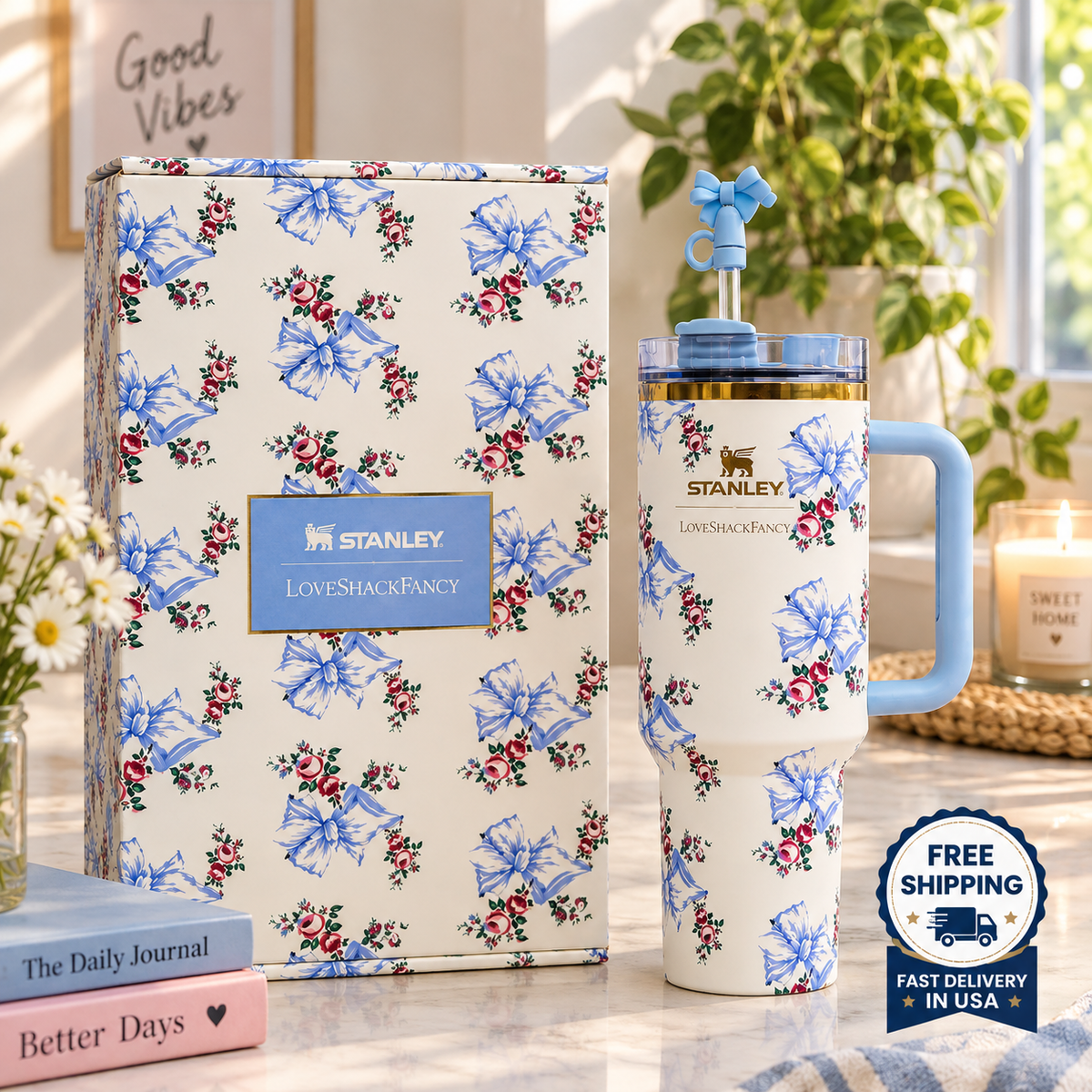 Stanley x LoveShackFancy Holiday Quencher 40 OZ Rosa Beaux Blue – Luxeora Shop