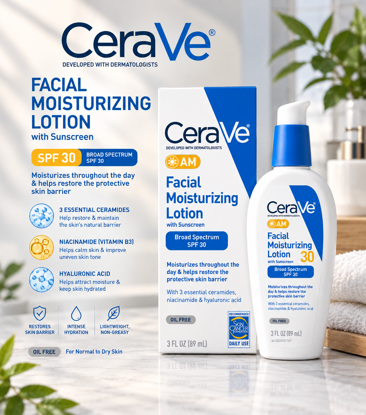 CeraVe AM Facial Moisturizing Lotion SPF 30 3 oz – Oil-Free Face Moisturizer