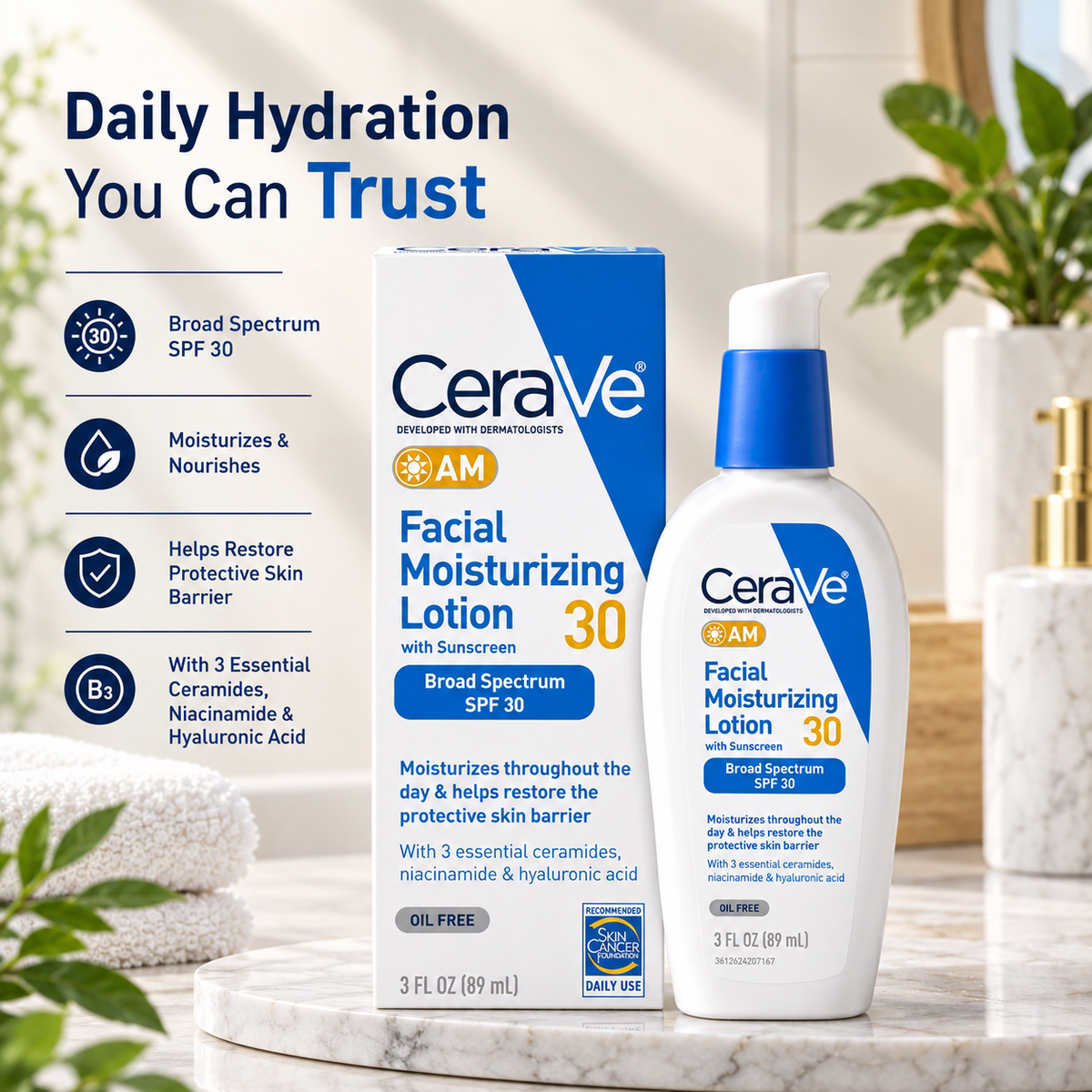 CeraVe AM Facial Moisturizing Lotion SPF 30 3 oz – Oil-Free Face Moisturizer