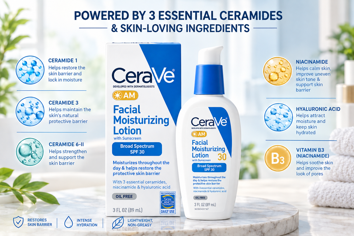 CeraVe AM Facial Moisturizing Lotion SPF 30 3 oz – Oil-Free Face Moisturizer