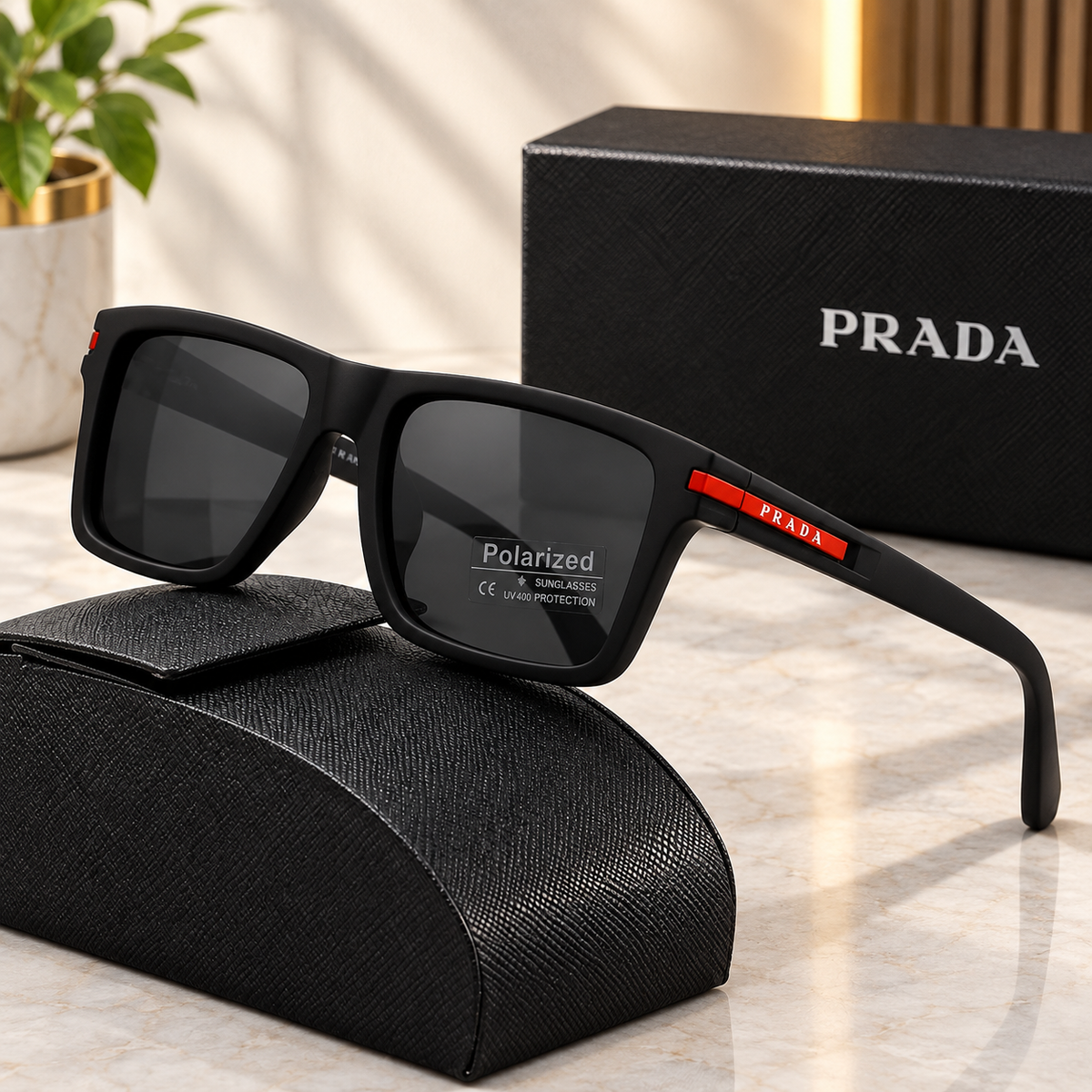PRADA SPS 01T Women's Rectangle Sunglasses – Black Frame, Gray Tinted UV Lenses