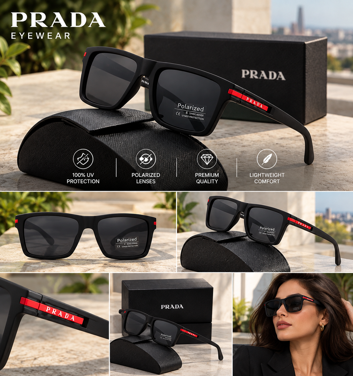 PRADA SPS 01T Women's Rectangle Sunglasses – Black Frame, Gray Tinted UV Lenses