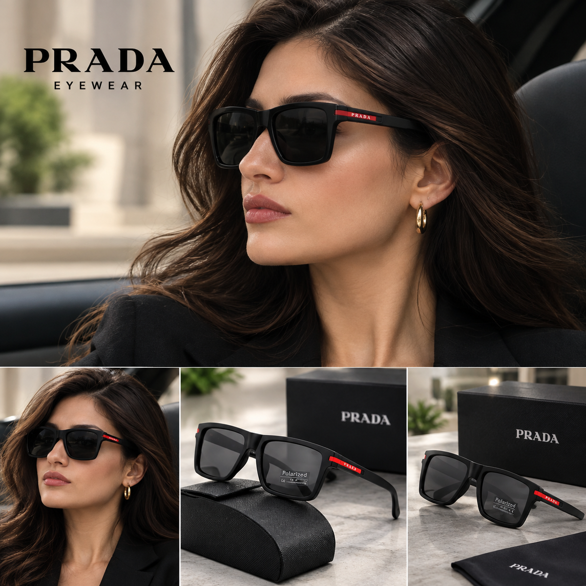 PRADA SPS 01T Women's Rectangle Sunglasses – Black Frame, Gray Tinted UV Lenses