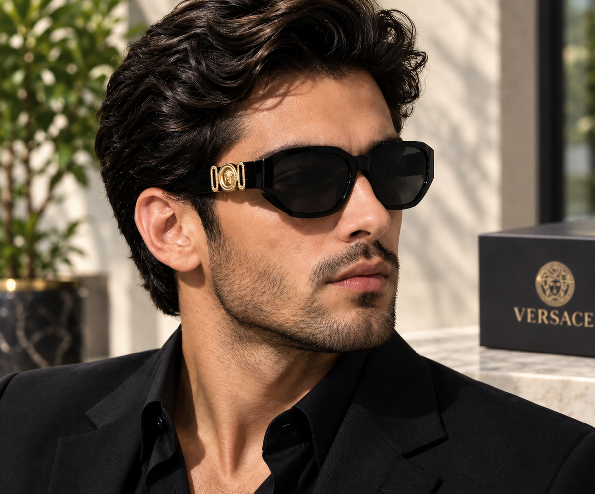 VERSACE Black Sunglasses – Gold-Tone Medusa Head Logo Temples | New with Box