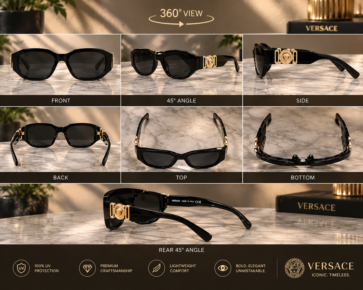 VERSACE Black Sunglasses – Gold-Tone Medusa Head Logo Temples | New with Box