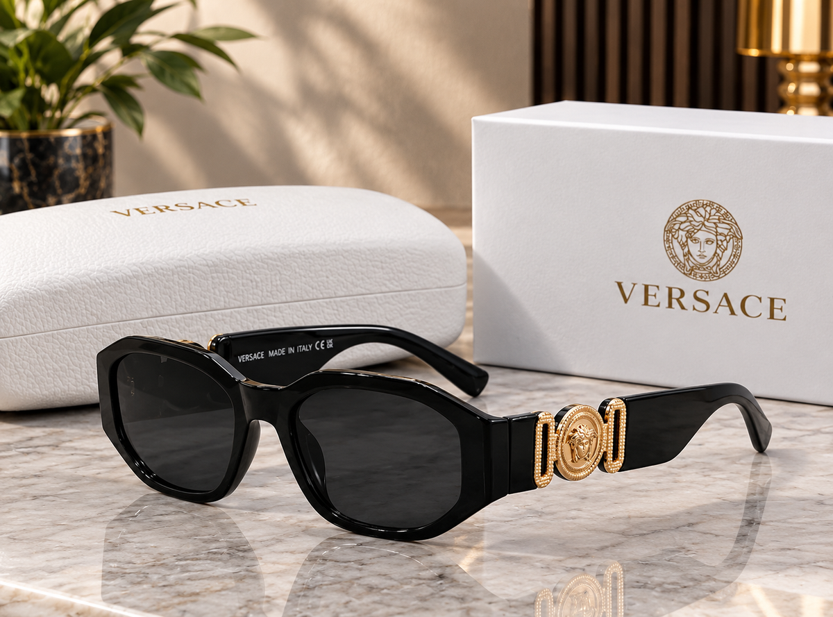 VERSACE Black Sunglasses – Gold-Tone Medusa Head Logo Temples | New with Box