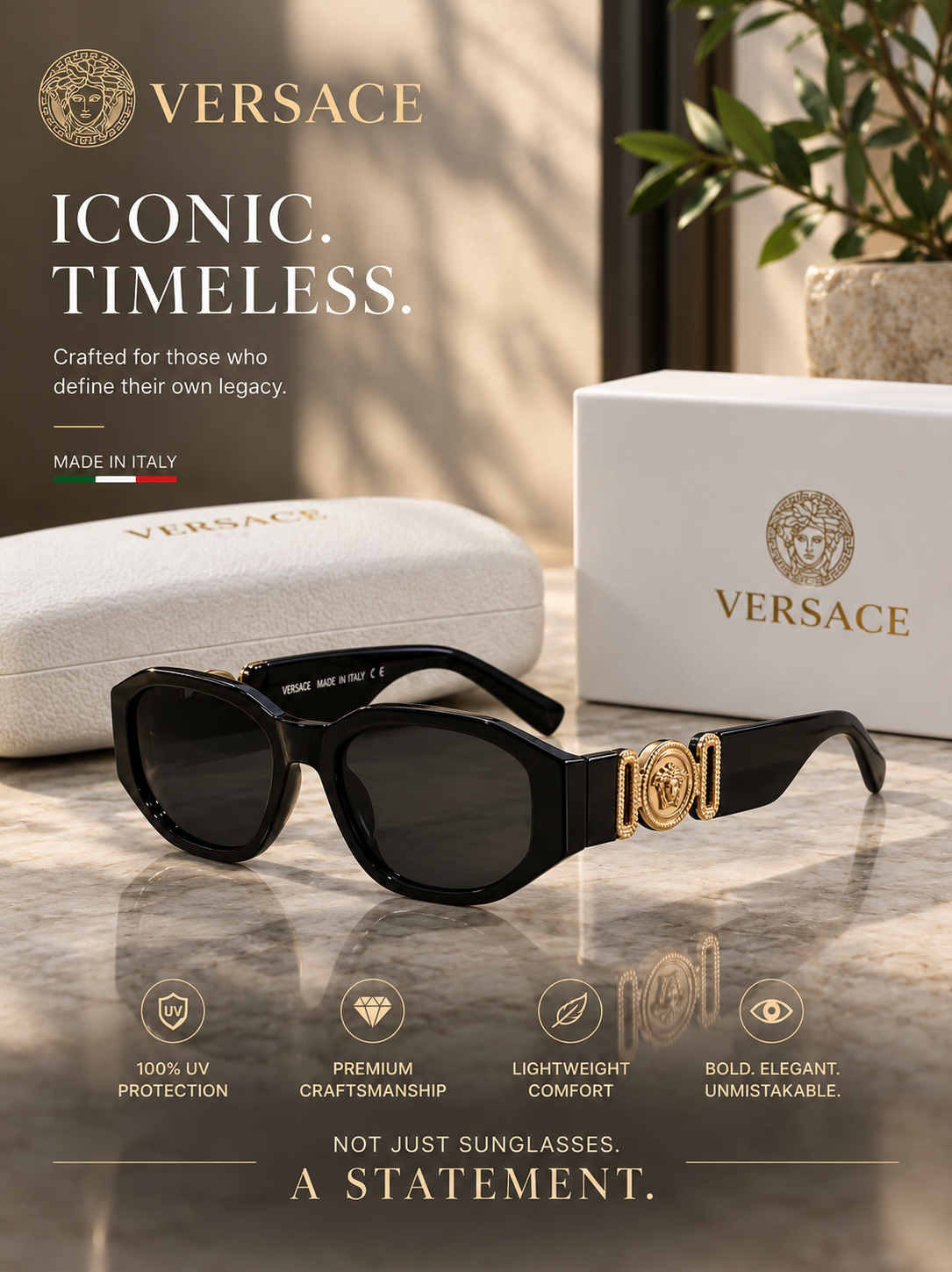 VERSACE Black Sunglasses – Gold-Tone Medusa Head Logo Temples | New with Box