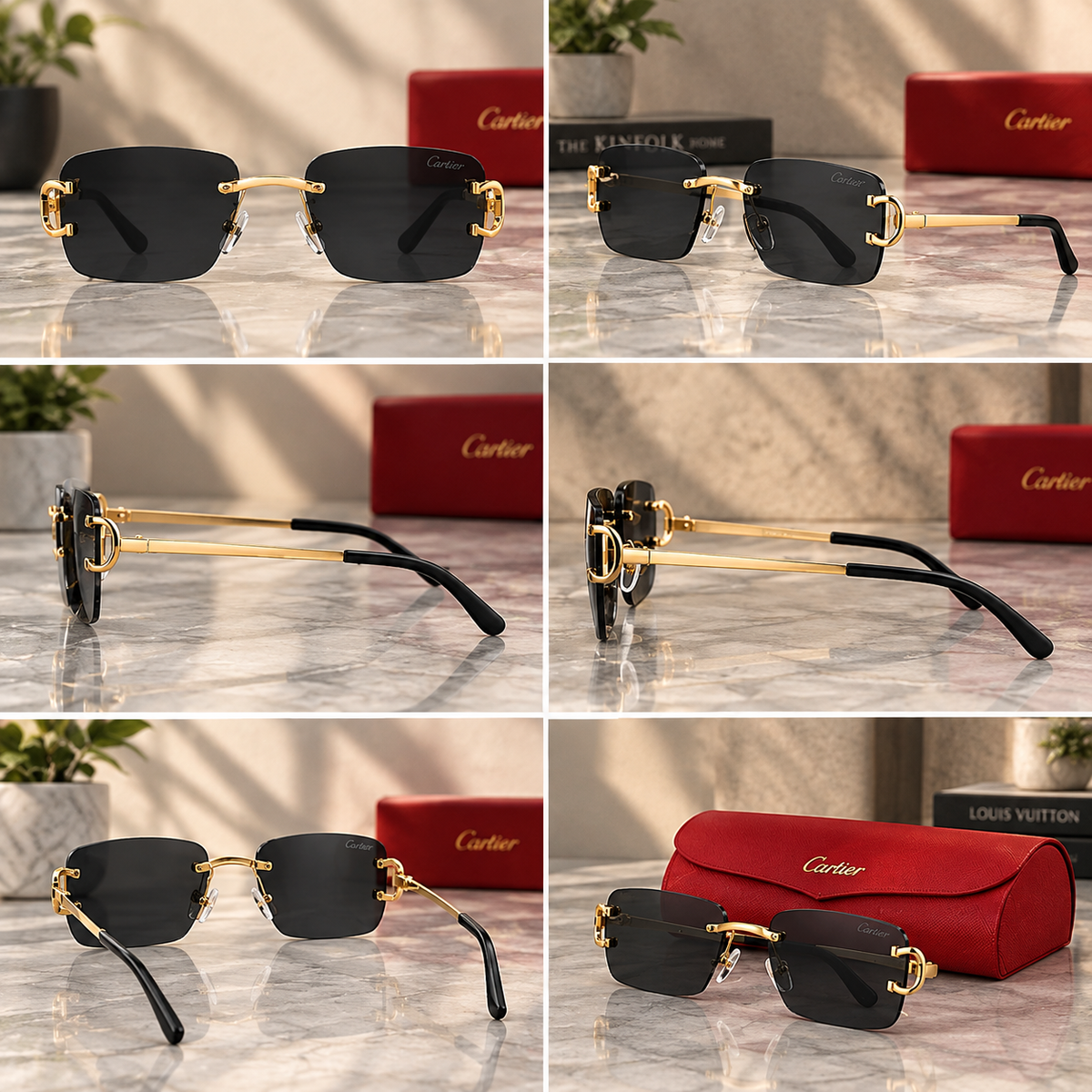 CARTIER Rimless Rectangle Sunglasses – Gold Metal Frame, Black Tinted Lenses, UV400