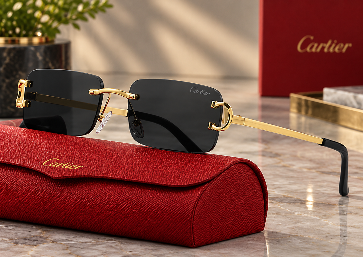 CARTIER Rimless Rectangle Sunglasses – Gold Metal Frame, Black Tinted Lenses, UV400
