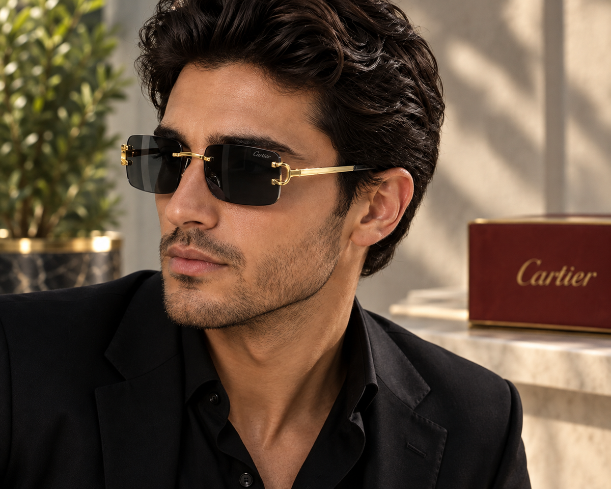 CARTIER Rimless Rectangle Sunglasses – Gold Metal Frame, Black Tinted Lenses, UV400