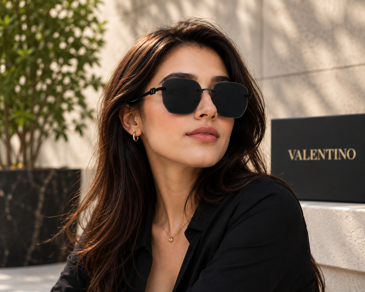 VALENTINO 68015 Rimless Square Sunglasses – Black Frame, Dark Gray Tinted Lenses