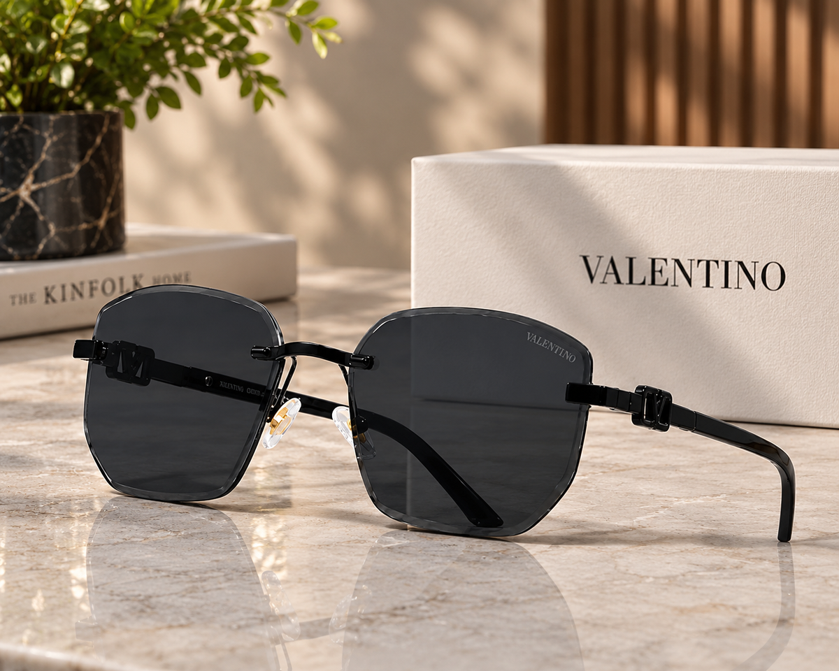 VALENTINO 68015 Rimless Square Sunglasses – Black Frame, Dark Gray Tinted Lenses