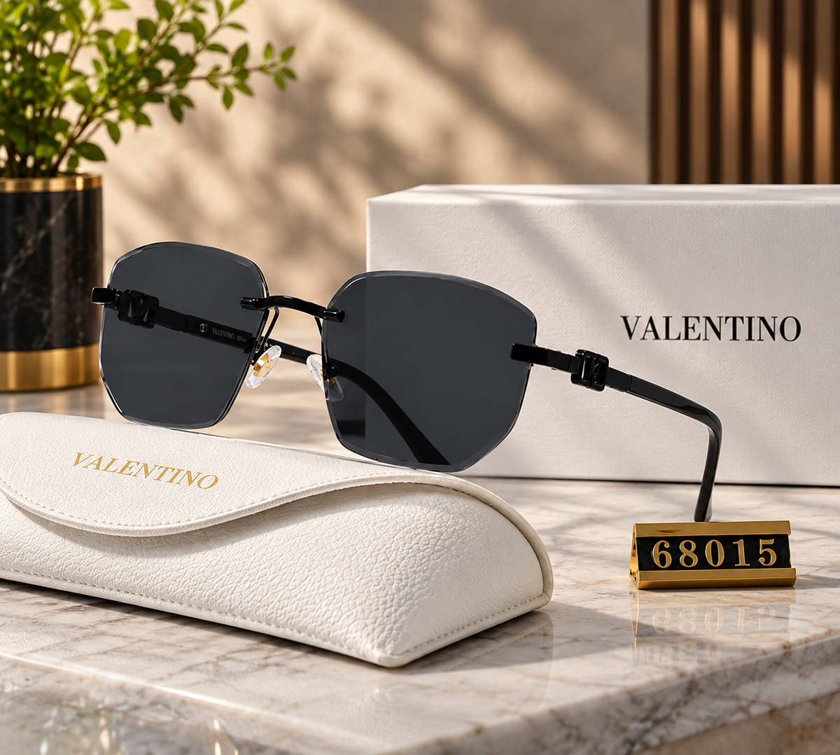 VALENTINO 68015 Rimless Square Sunglasses – Black Frame, Dark Gray Tinted Lenses