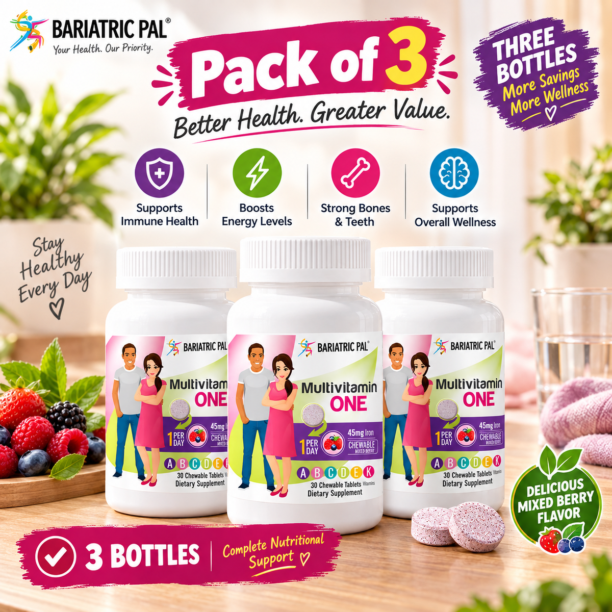 BARIATRICPAL Multivitamin ONE 1-Per-Day Chewable with 45mg Iron – Bariatric Multivitamin