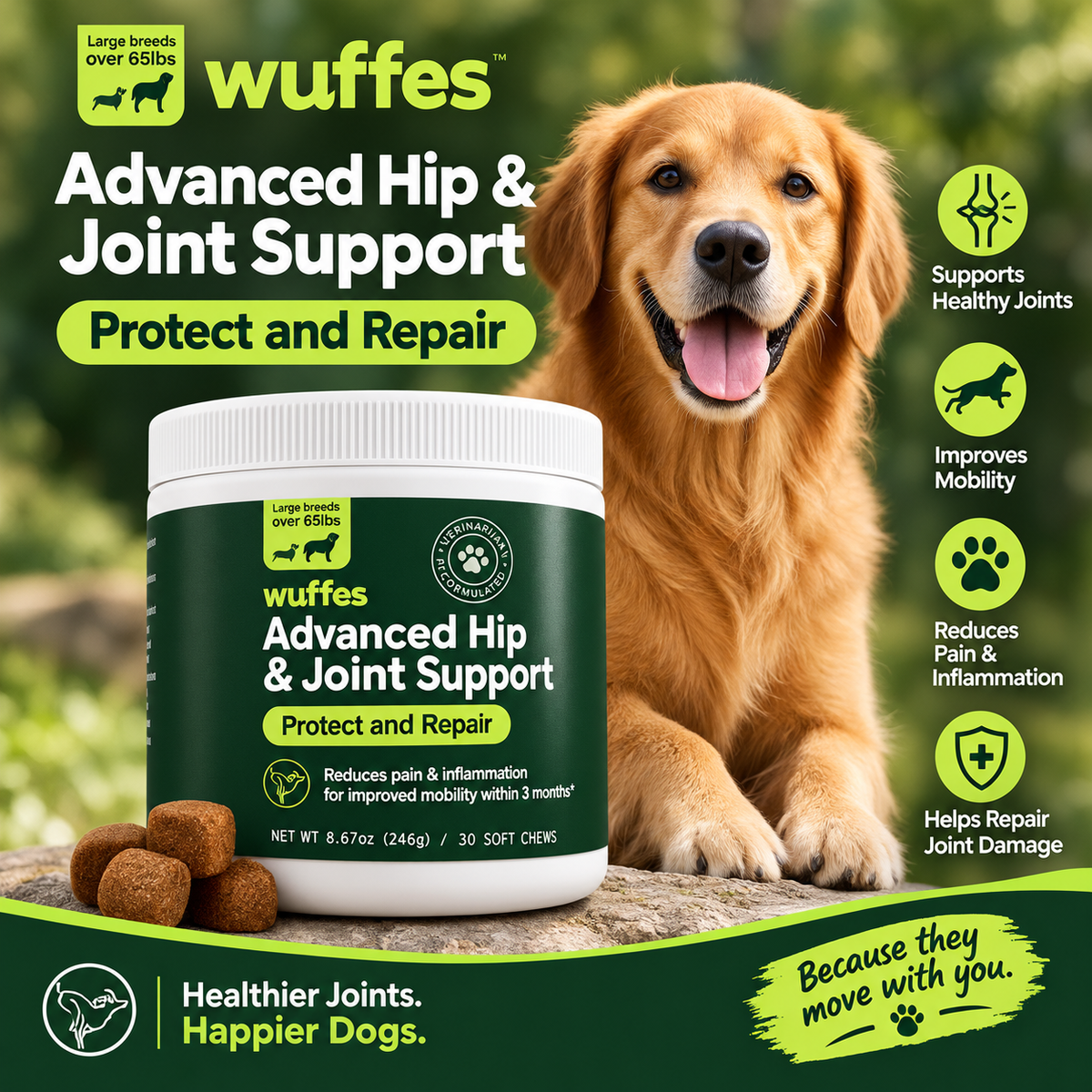 WUFFES Advanced Hip & Joint Support Chewables for Small & Medium Dogs – 30 Chews