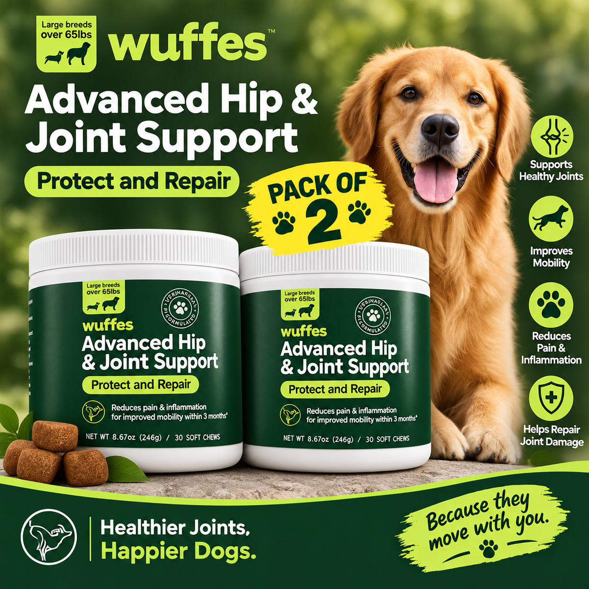WUFFES Advanced Hip & Joint Support Chewables for Small & Medium Dogs – 30 Chews