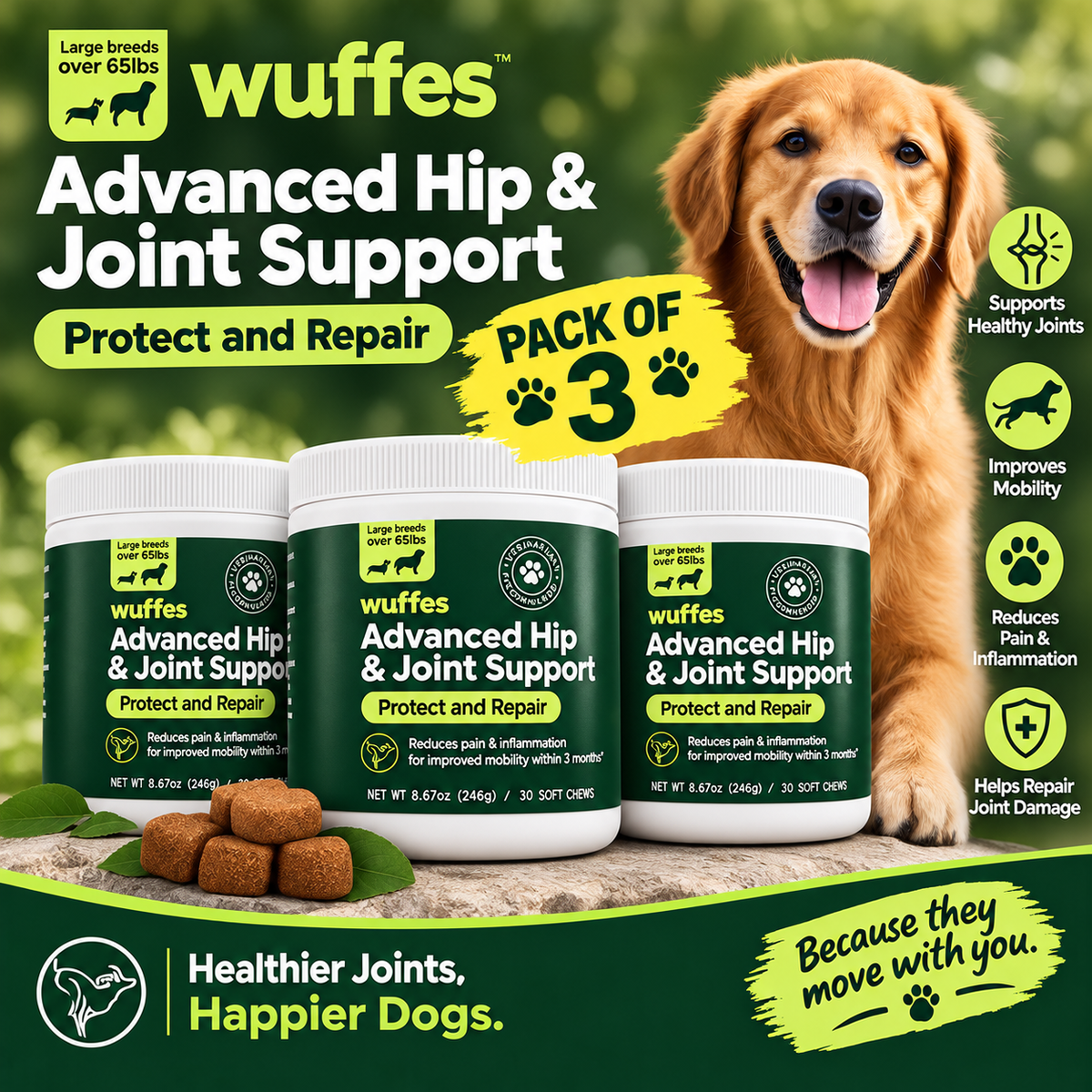 WUFFES Advanced Hip & Joint Support Chewables for Small & Medium Dogs – 30 Chews