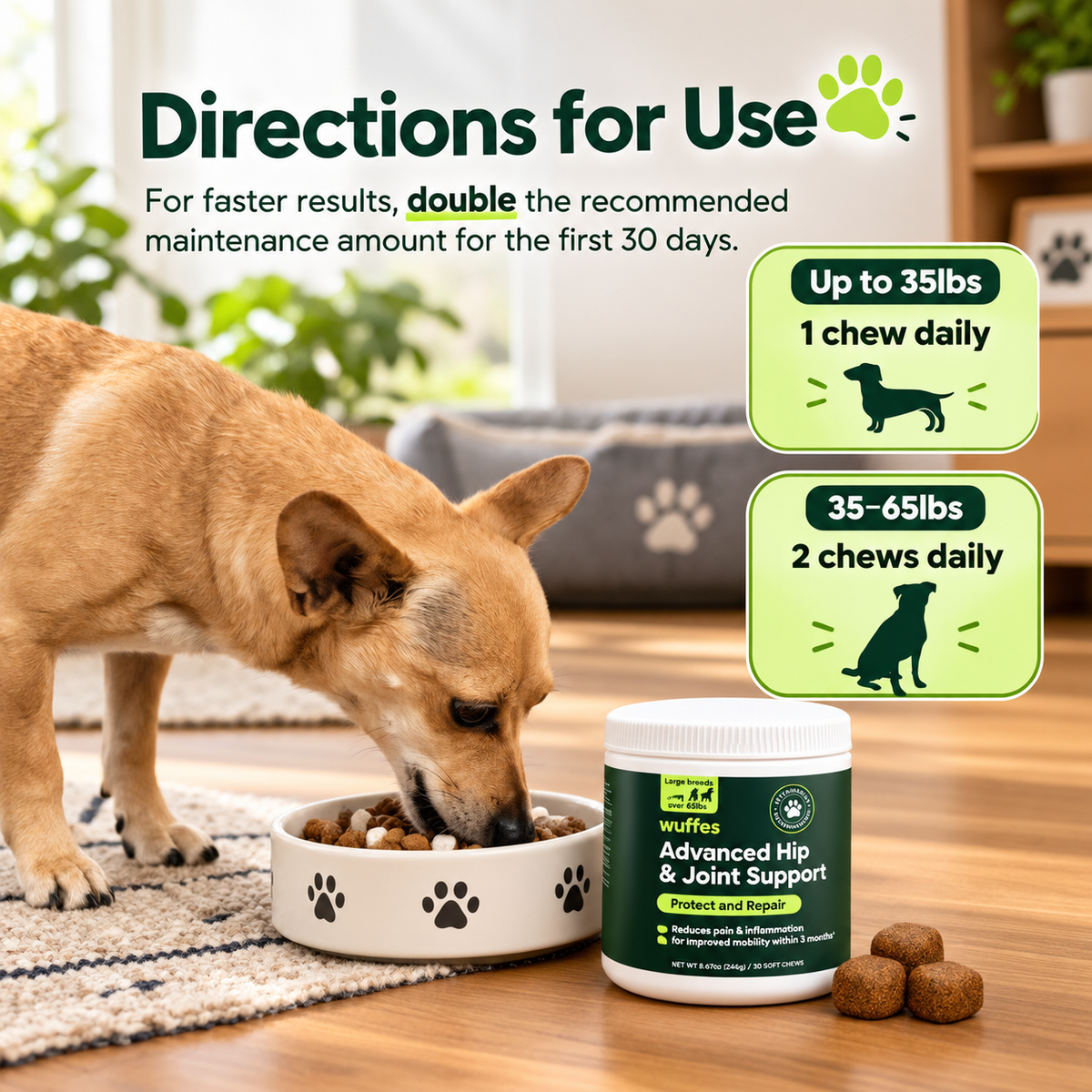 WUFFES Advanced Hip & Joint Support Chewables for Small & Medium Dogs – 30 Chews