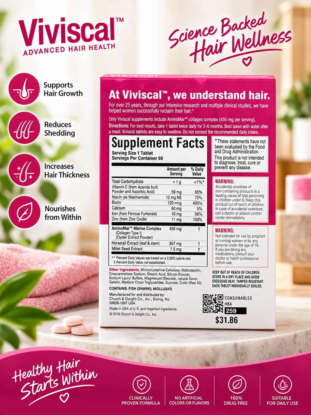 VIVISCAL Hair Growth Supplements for Women – 60 Tablets, 1 Month | Thicker Fuller Hair
