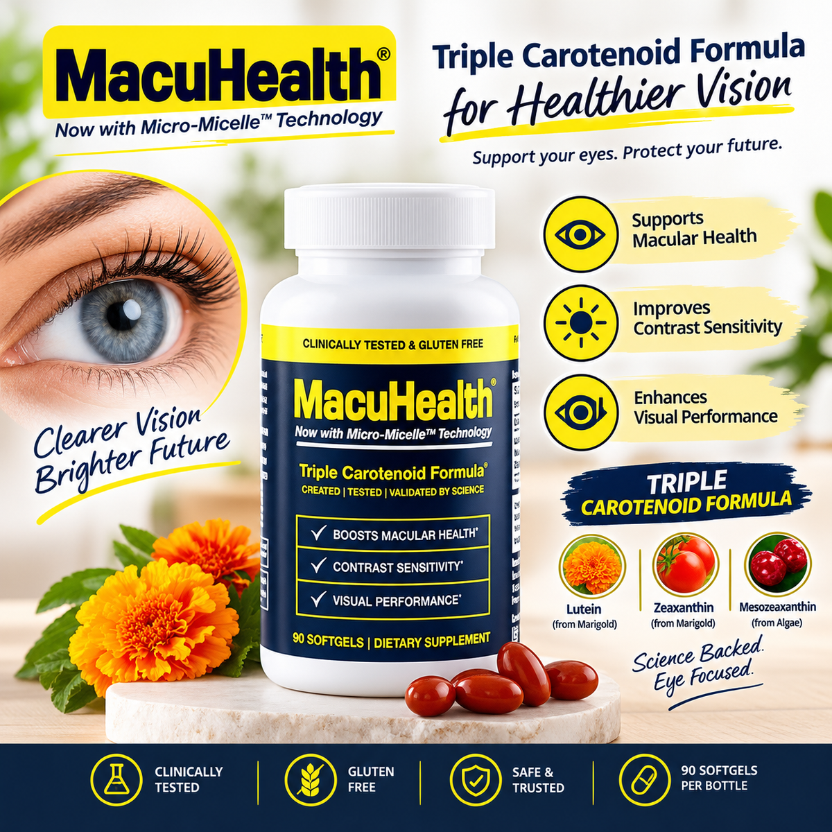 Triple Carotenoid Eye Health Supplement – Lutein, Meso-Zeaxanthin & Zeaxanthin – 90 Softgels