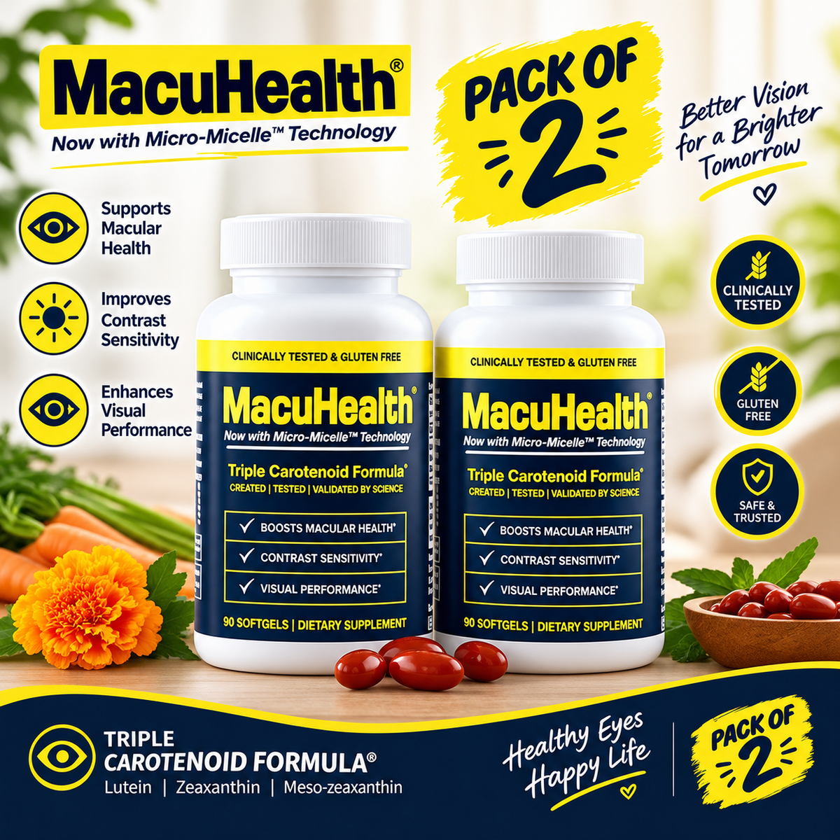 Triple Carotenoid Eye Health Supplement – Lutein, Meso-Zeaxanthin & Zeaxanthin – 90 Softgels