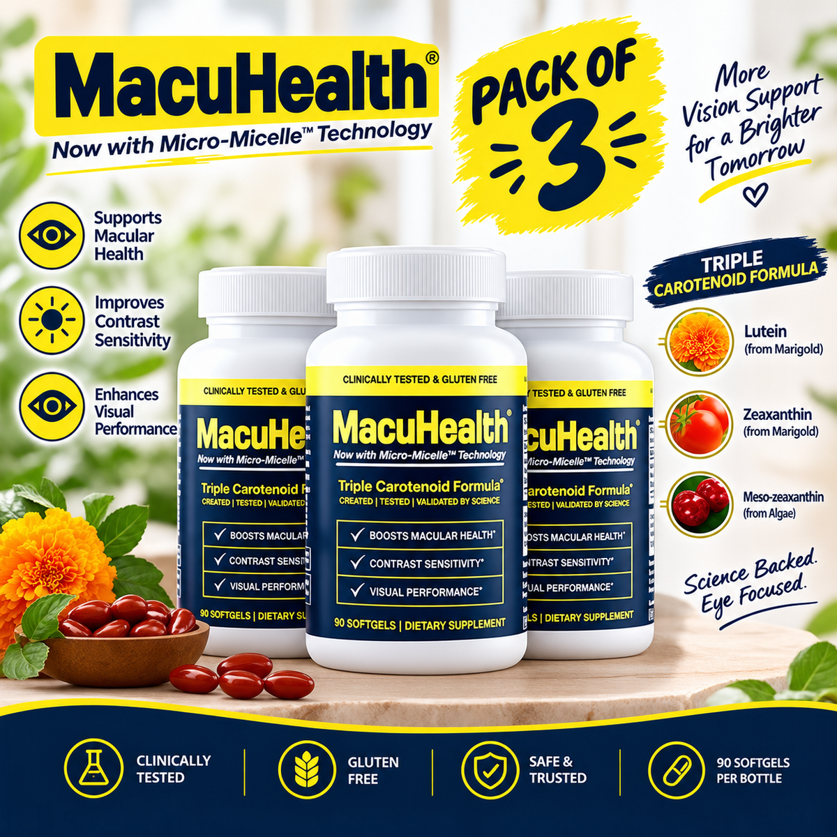Triple Carotenoid Eye Health Supplement – Lutein, Meso-Zeaxanthin & Zeaxanthin – 90 Softgels