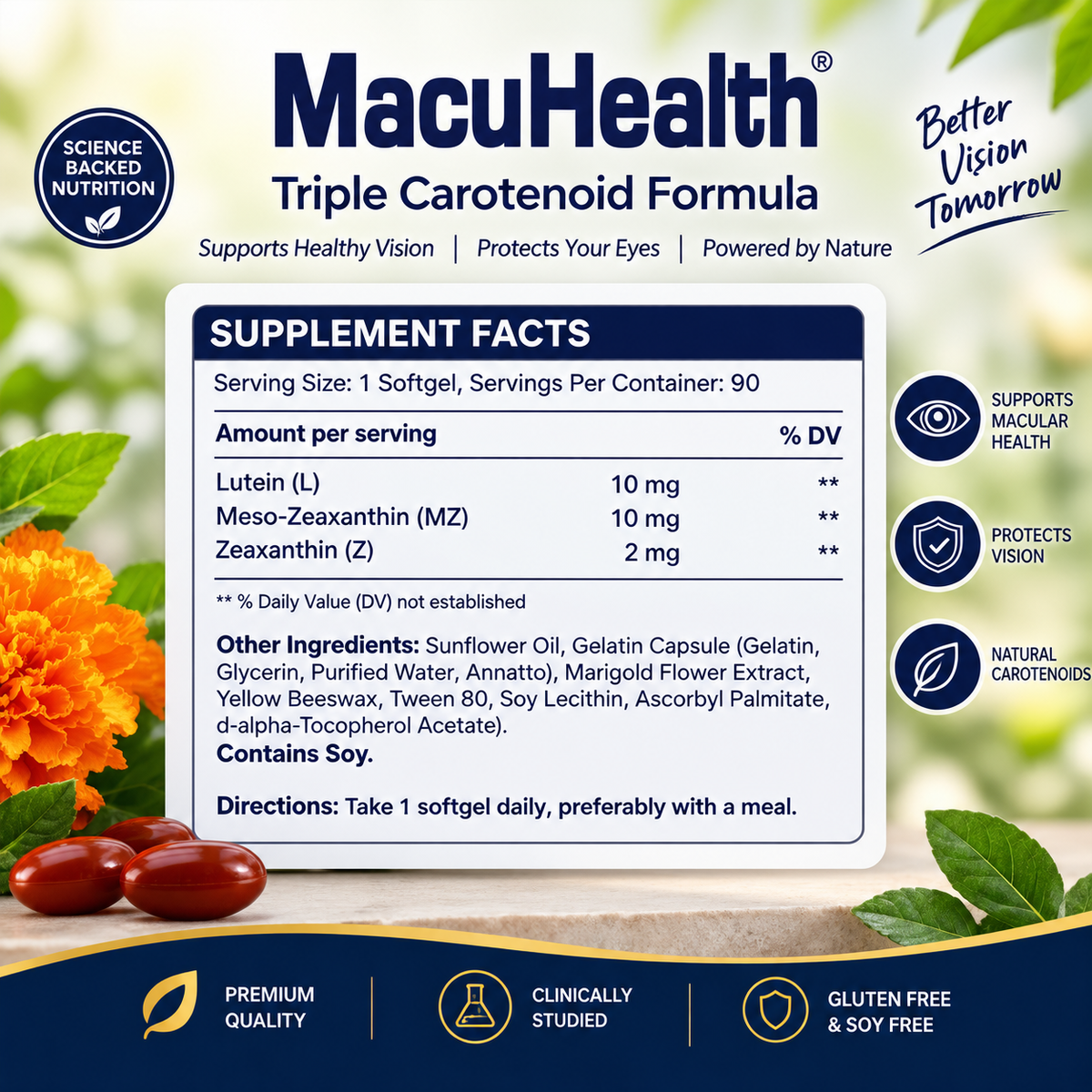 Triple Carotenoid Eye Health Supplement – Lutein, Meso-Zeaxanthin & Zeaxanthin – 90 Softgels